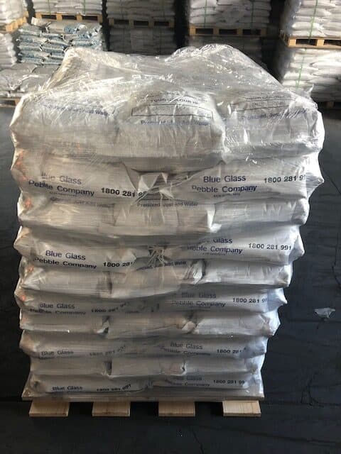 Photo of a pallet of Blue Glass Pebble Company premixed products.